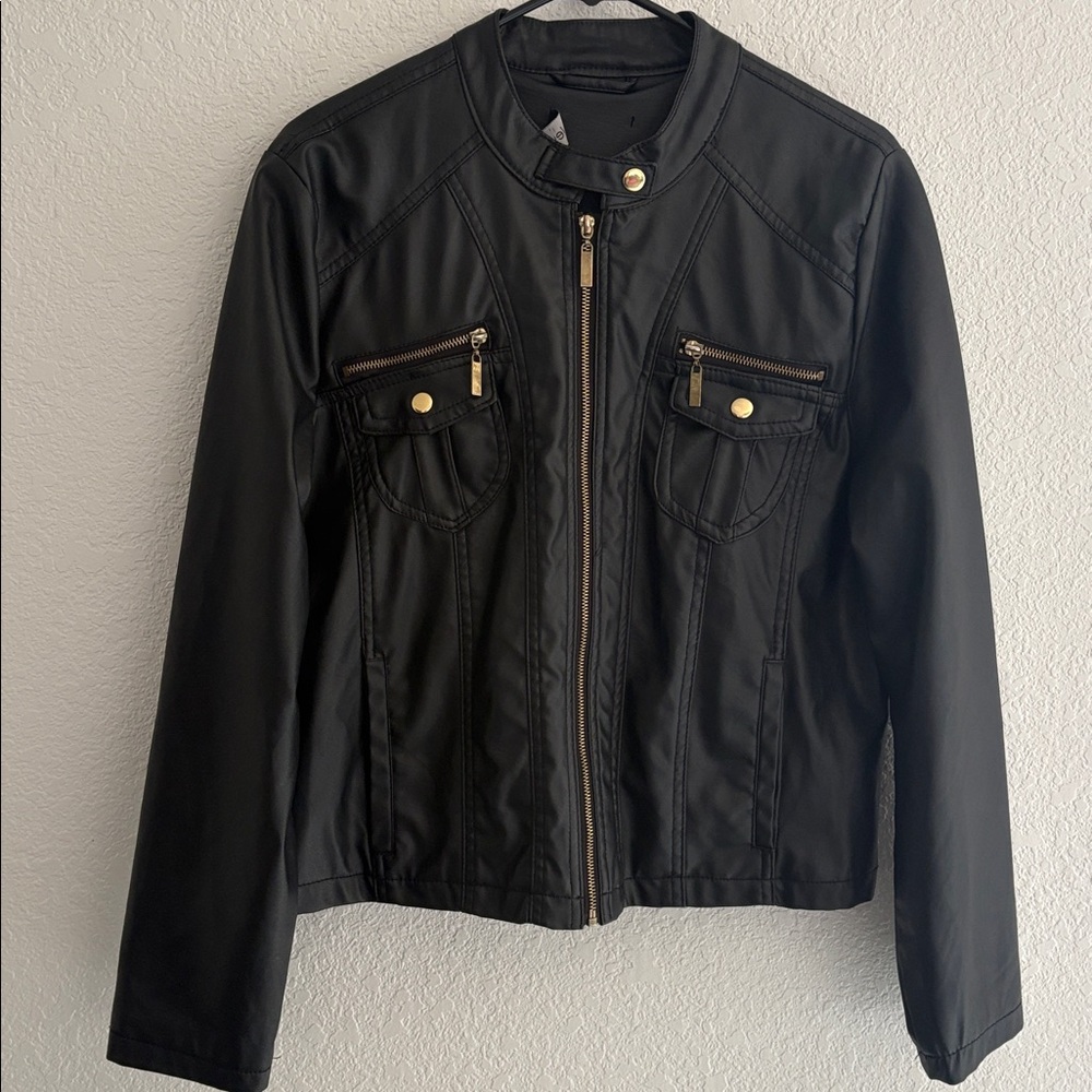 New Look Black Faux Leather Jacket with Gold Accents